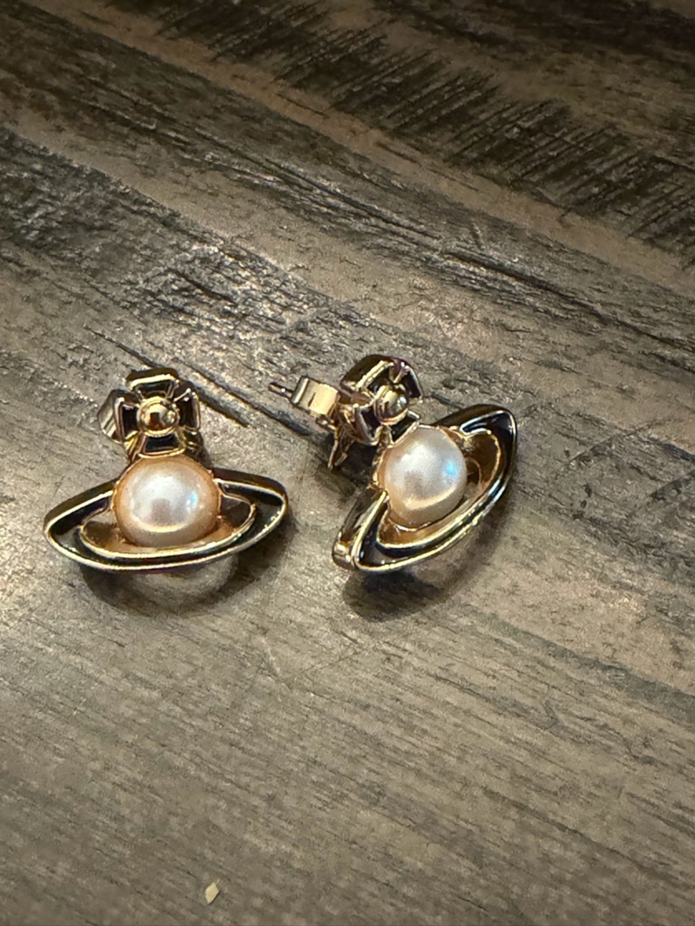 Gold-Tone Planet Pearl Stud Earrings